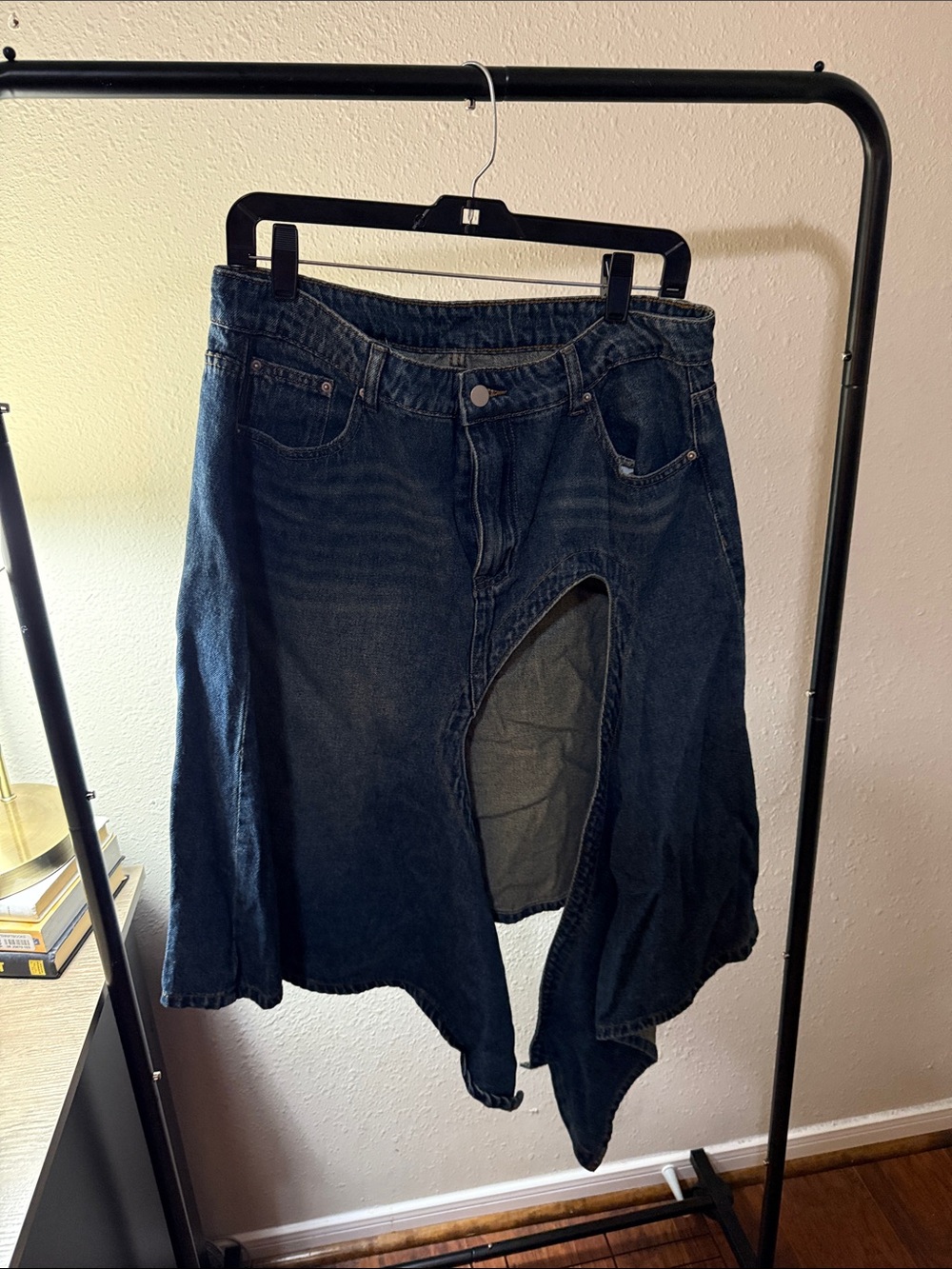 SHEIN Dark Blue Asymmetrical Denim Skirt with Front Cutout